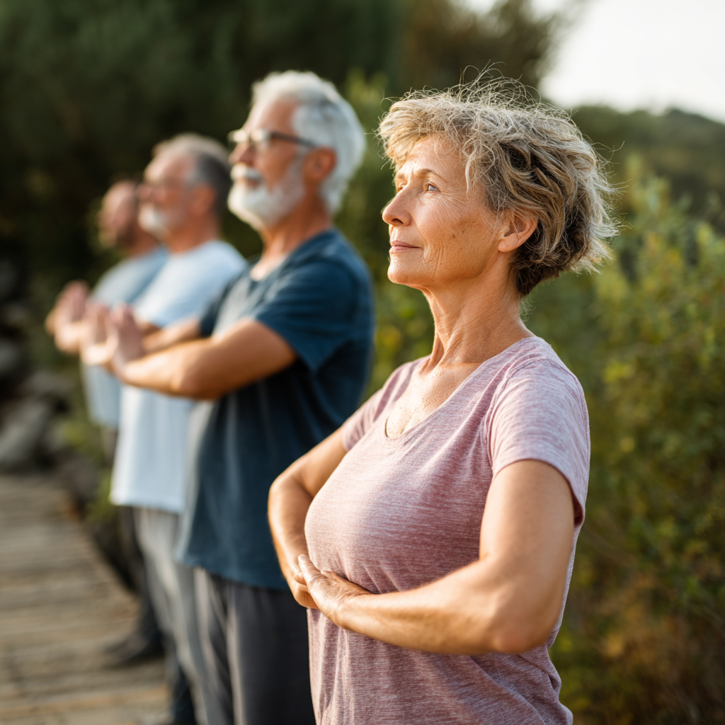 middle-aged adults practicing gentle mobility exercises in natural setting